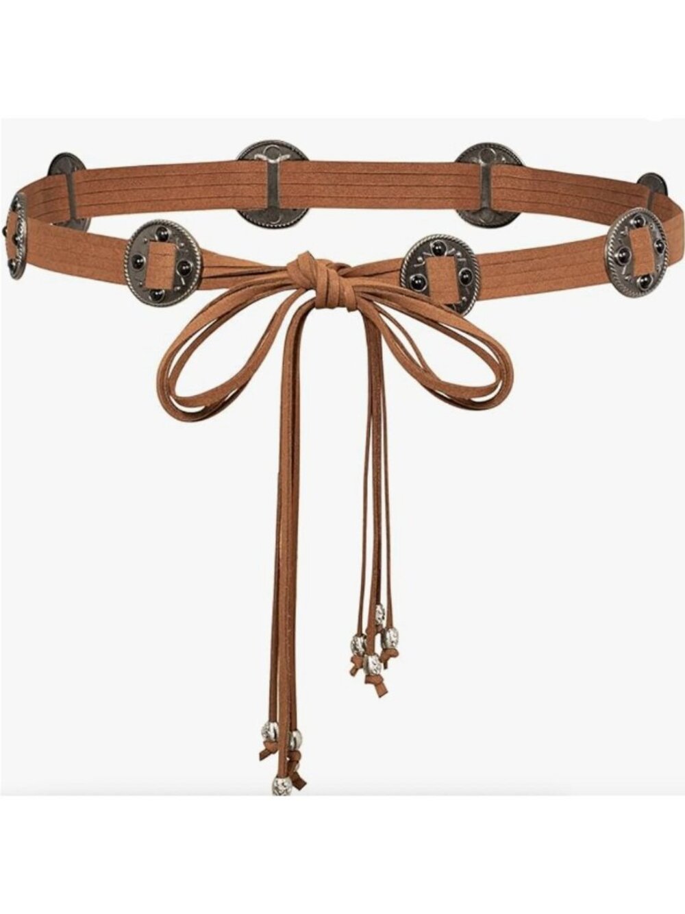 Brown Bohemian Faux Leather Belt With Metal Accents & Tassels - Adjustable